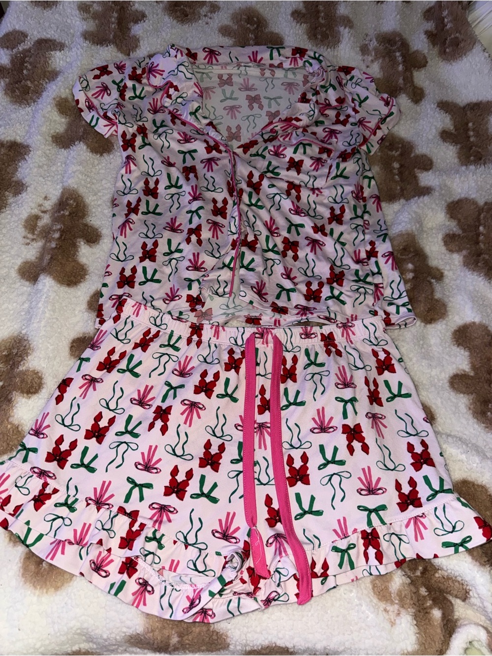 SHEIN Pink Floral Bow Print Short Pajama Set